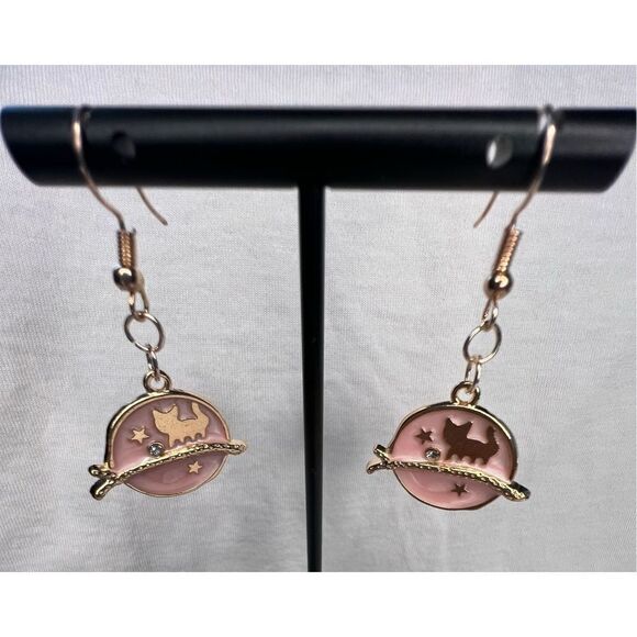 Handmade Pink Circular Cat On A Branch Earrings With Jewel - Picture 2 of 4